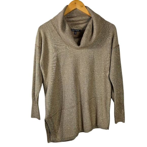 Cable & Gauge Sweaters - Cable & Gauge Taupe Metallic Cowl Neck Sweater Size S